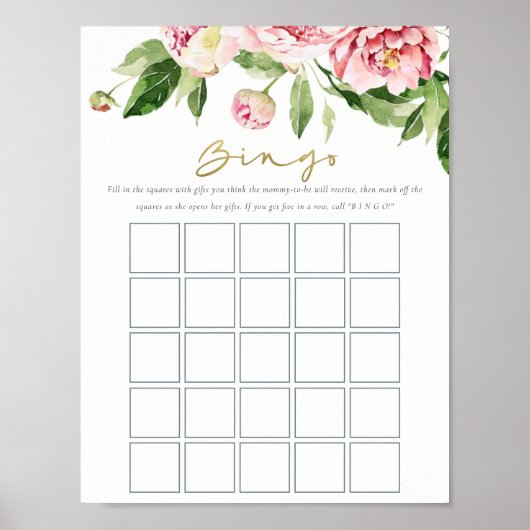Soft Blush Bloral Peony Watercolor Bingo Game Poster (Vorne)