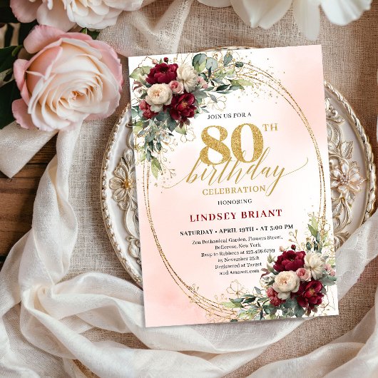 Soft Blush Boho Floral 80th Birthday Party Invitе Einladung
