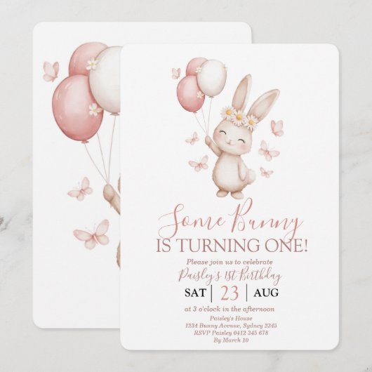 Soft Blush Bunny First Birthday Einladung (Vorne/Hinten)