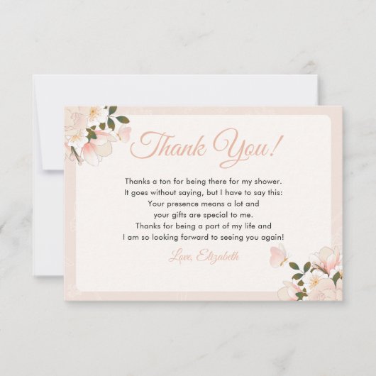 Soft Blush Floral-Themed Bridal Shower Dankeskarte (Vorderseite)