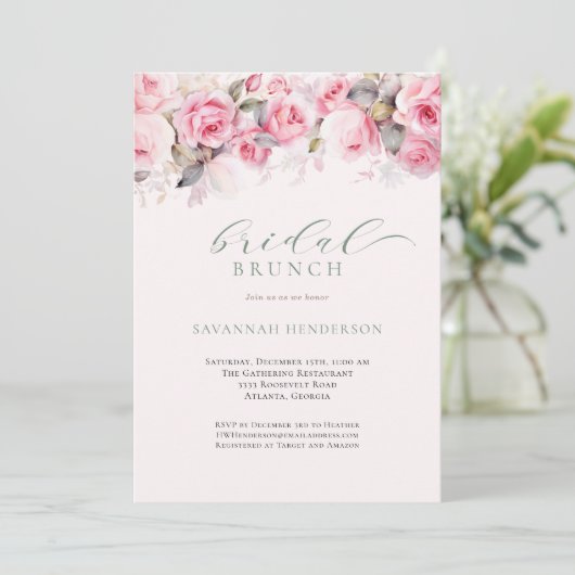 Soft Blush Florale Hochzeitsdusche Brunch Editable Einladung (Stehend Vorderseite)