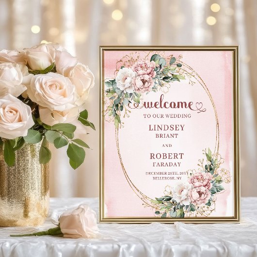 Soft Blush Florales Eukalyptus-Hochzeits-Willkomme Poster