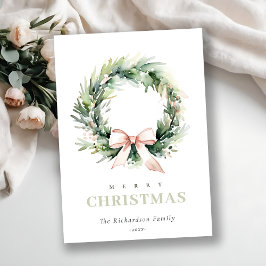 Soft Blush Grüner Weihnachtskranz Farbe Feiertagskarte