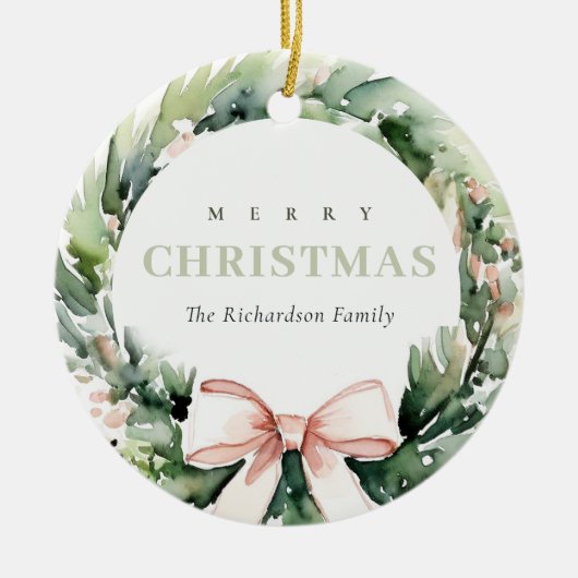 Soft Blush Grüner Weihnachtskranz Farbe Keramik Ornament (Vorne)
