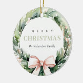 Soft Blush Grüner Weihnachtskranz Farbe Keramik Ornament (Links)