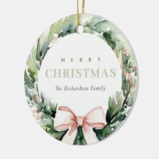 Soft Blush Grüner Weihnachtskranz Farbe Keramik Ornament (Links)