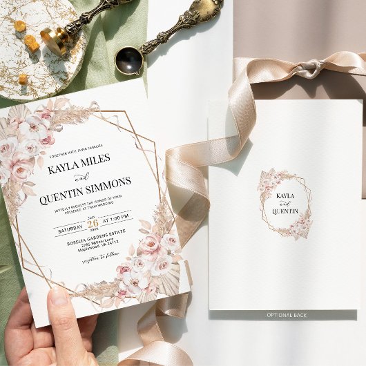 Soft Blush Pampas Grass Boho Gold Geometric Frame  Einladung