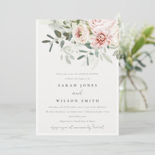 Soft Blush Peony Eucalyptus Foliage Couples Dusche Einladung (Stehend Vorderseite)