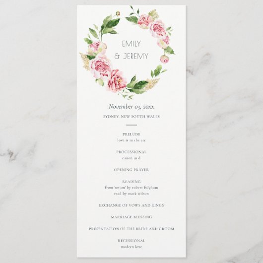 SOFT BLUSH PEONY FLORAL WEDDING CEREMONY PROGRAMM (Vorderseite)