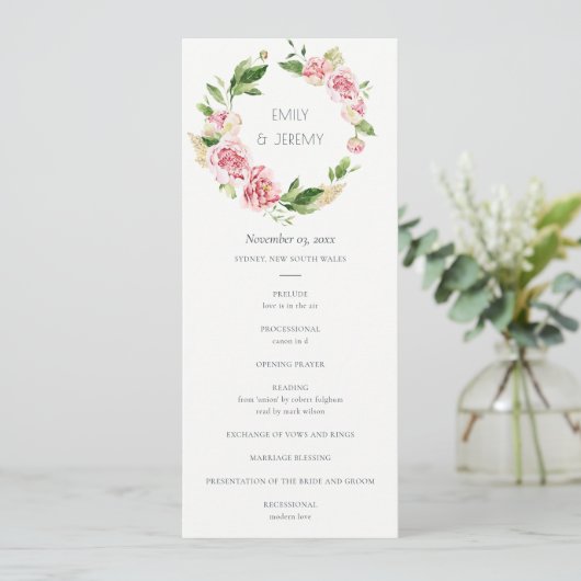 SOFT BLUSH PEONY FLORAL WEDDING CEREMONY PROGRAMM (Stehend Vorderseite)