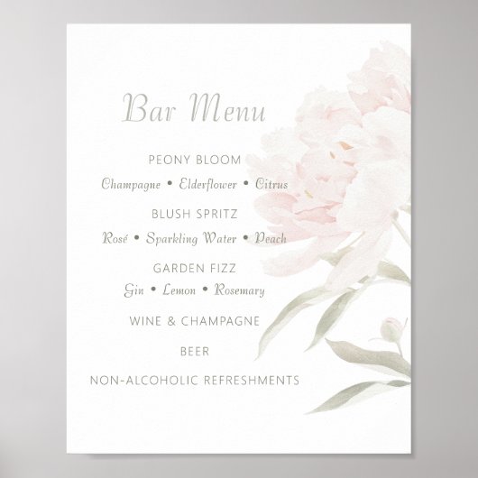 Soft Blush Pfingstrosen-Hochzeitsbar-Menü Poster (Vorne)