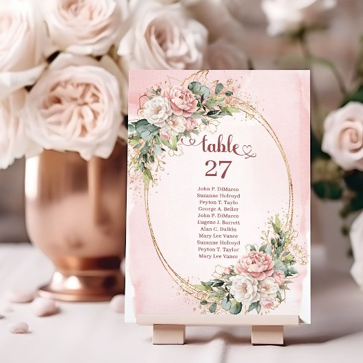 Soft Blush Pink Flowers Gold Glitter Table Number Tischnummer