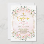 Soft Blush Pink Gold Floral Girl Taufe Französisch Einladung (Vorderseite)