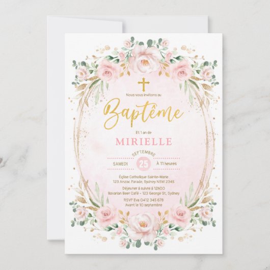 Soft Blush Pink Gold Floral Girl Taufe Französisch Einladung (Vorderseite)