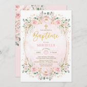 Soft Blush Pink Gold Floral Girl Taufe Französisch Einladung (Vorne/Hinten)