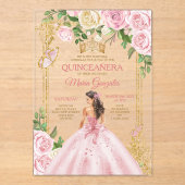 Soft Blush Pink Mis Quince Crown Gold Quinceñera Acryleinladungen (Vorderseite)