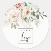 Soft Blush Pink Peony Leafy Botanisches Blumenlogo Runder Aufkleber (Vorderseite)