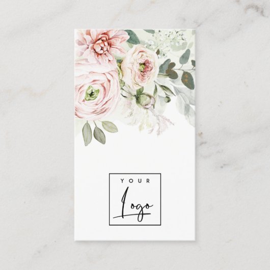 Soft Blush Pink Peony Leafy Botanisches Blumenlogo Visitenkarte (Vorderseite)