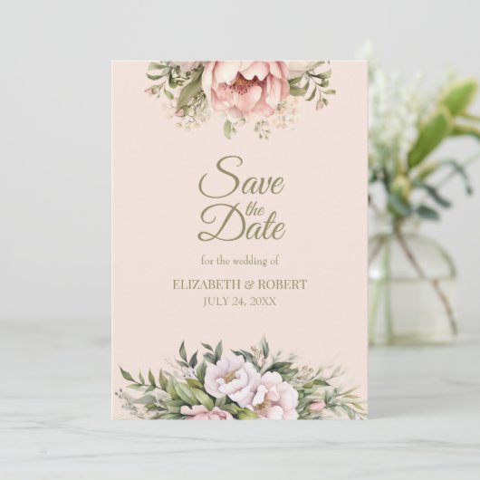 Soft Blush Pink Peony Save The Date Card (Stehend Vorderseite)