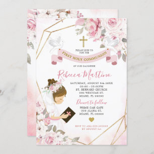 Soft Blush Pink Rose Girl Erste Heilige Kommune Einladung