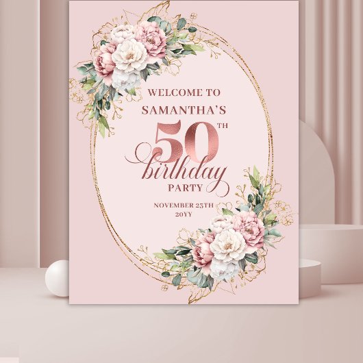 Soft Blush Pink Rose Gold 50th Birthday Backdrop Wandteppich
