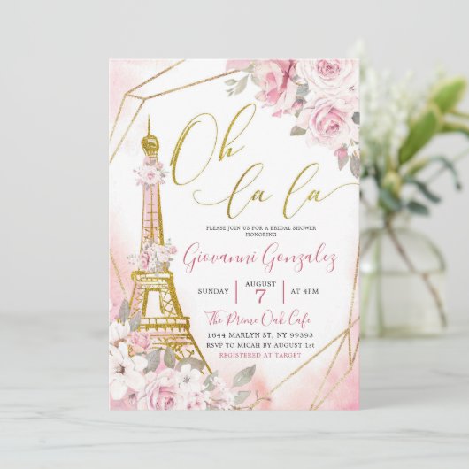 Soft Blush Pink Rose Paris Brautparty Einladung (Stehend Vorderseite)