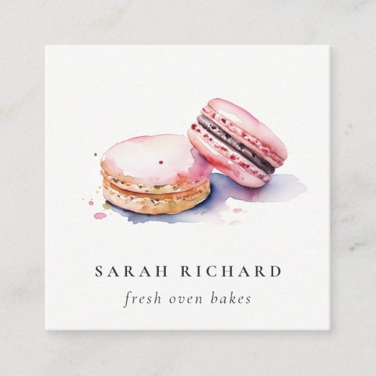 Soft Blush Pink Wasserfarbe Französisch Macarons B Quadratische Visitenkarte (Vorderseite)
