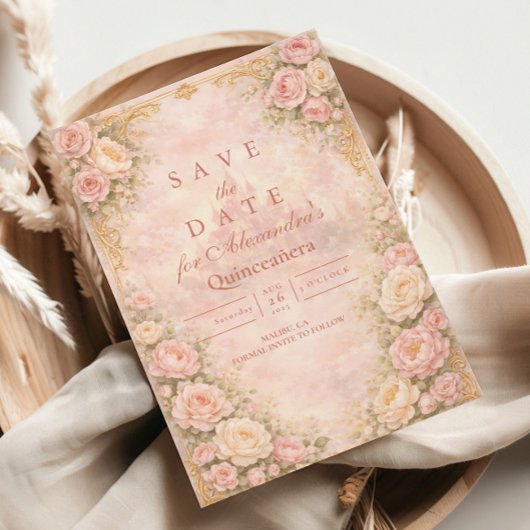 Soft Blush Rose Garden Quinceañera Save The Date