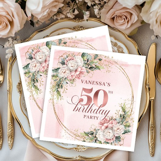 Soft Blush Rose Gold 50th Birthday Cocktail Napkin Serviette