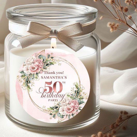 Soft Blush Rose Gold Botanical 50th Birthday Label Runder Aufkleber
