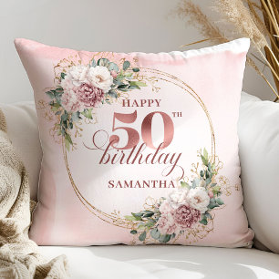 Soft Blush Rose Gold Botanisches 50. Geburtstagsge Kissen