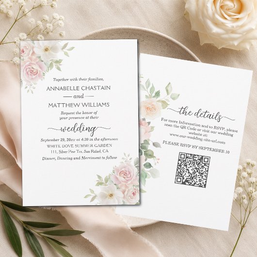 Soft Blush Rosen Alles in Einem QR-Code Hochzeit Einladung
