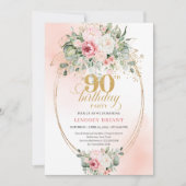 Soft Blush Roses Gold Elegant 90th Birthday Invite Einladung (Vorderseite)