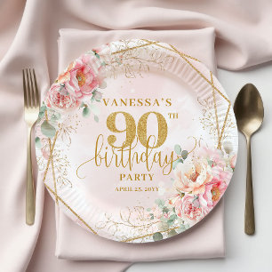 Soft Blush Watercolor Gold Rahmen 90. Geburtstag Pappteller