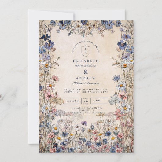 Soft Bohemian Floral Meadow Wedding Einladung (Vorderseite)