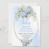 Soft Boho Blue Floral Baby Shower Gold Invitation Einladung (Vorderseite)