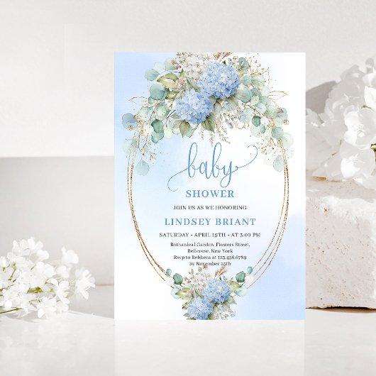 Soft Boho Blue Floral Baby Shower Gold Invitation Einladung