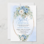 Soft Boho Dusty Blue Floral Gold Sweet 16 Birthday Einladung (Vorderseite)