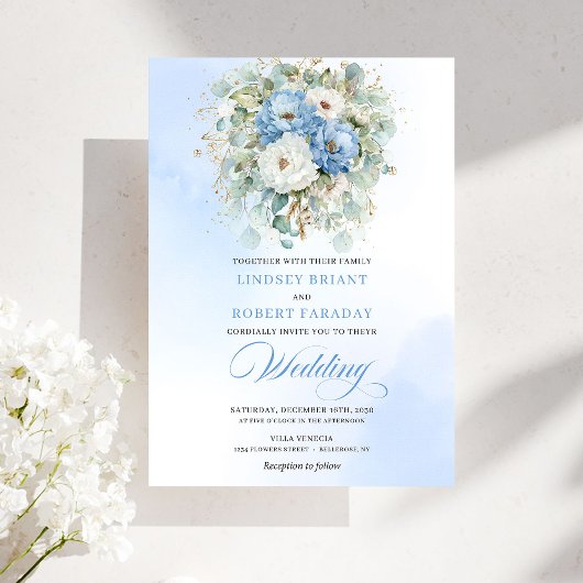 Soft Boho Dusty Blue White Peony Greenery Wedding Einladung