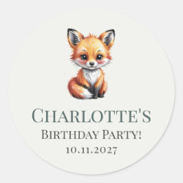 Soft Boho Green Woodland Fox Geburtstag mit Namen Runder Aufkleber