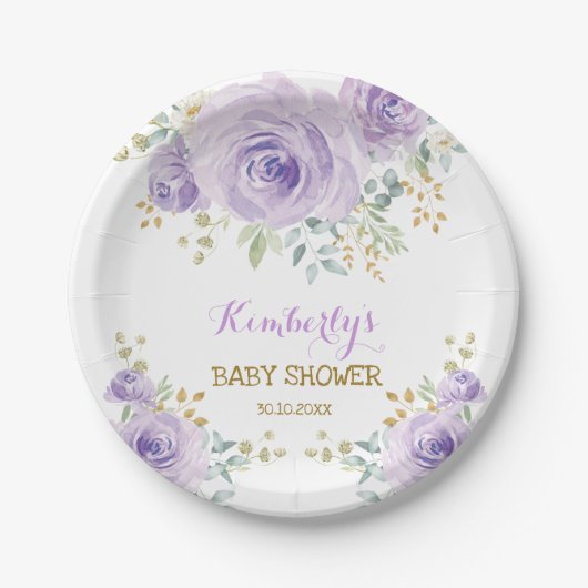 Soft Boho Lavender Gold Floral Baby Dusche Pappteller (Vorderseite)
