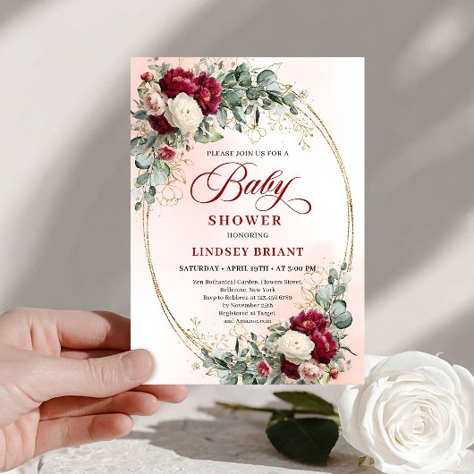 Soft Boho Marsala Peony Baby Shower Invite Einladung