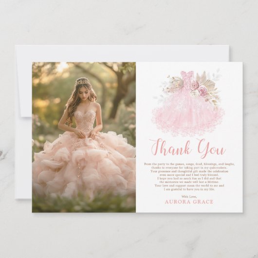 Soft Boho Pink Quinceañera Dress Foto Dankeskarte (Vorderseite)