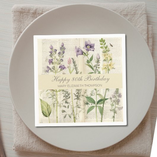 Soft Botanical Vintaqe Wildflower 80th Birthday Serviette