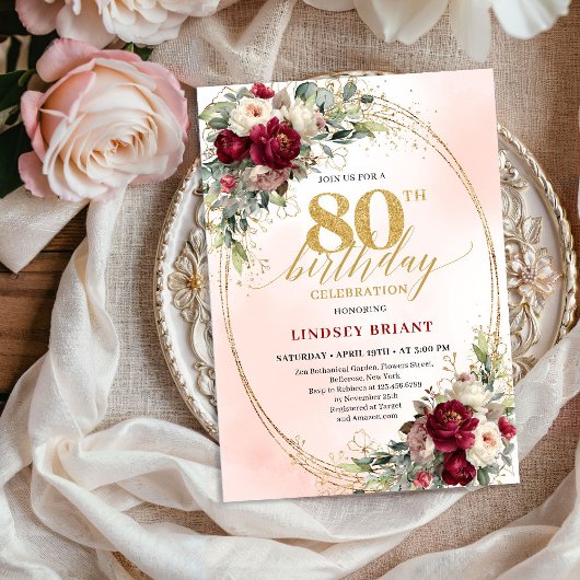 Soft Burgundy Bohemian Floral 80th Birthday Invite Einladung