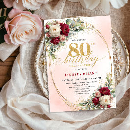 Soft Burgundy Floral Gold 80th Birthday Invitation Einladung