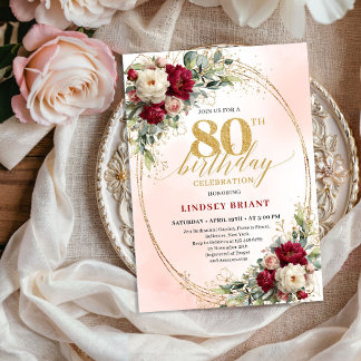 Soft Burgundy Floral Gold 80th Birthday Invitation Einladung