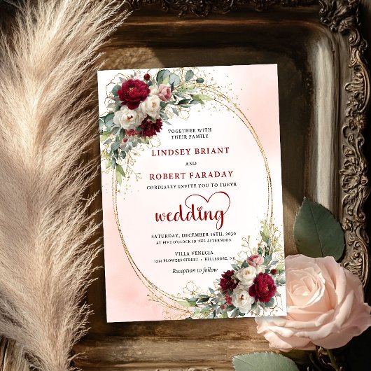 Soft Burgundy Watercolor Floral Wedding Invitation Einladung