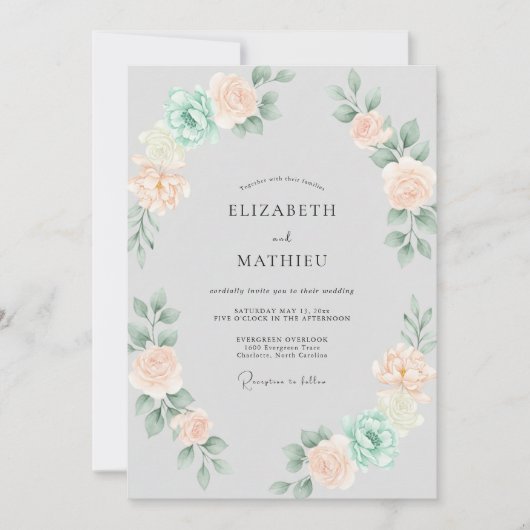 Soft Champagner-Mint-Kranz-Hochzeit Einladung (Vorderseite)
