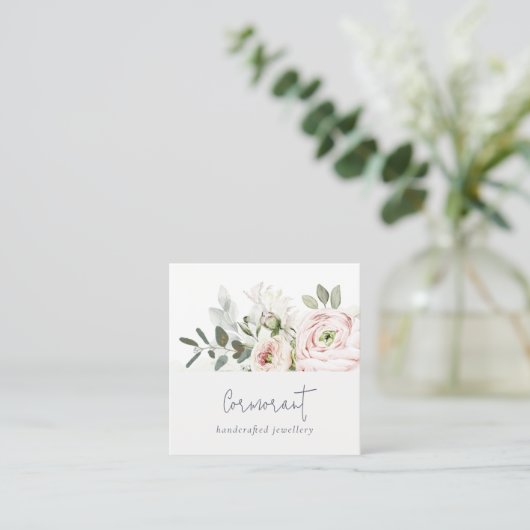 Soft Chic Blush Pink Peony Leafy Botanical Floral Quadratische Visitenkarte (Stehend Vorderseite)